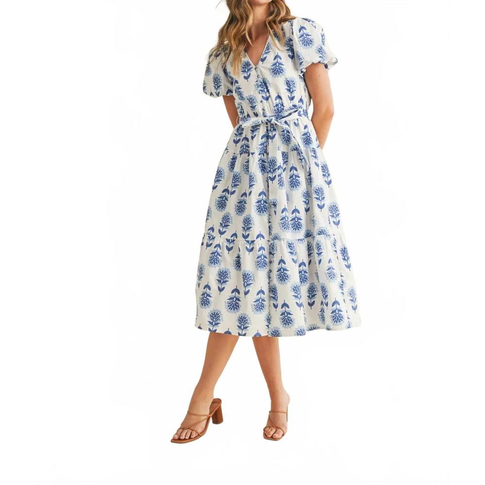 NEW LA'VEN women's floral print puff sleeves tiered skirt midi dress in multi